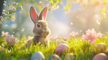 Fototapeta na wymiar Happy Easter Bunny Enjoying Meadow Scene with Eggs and Space for Text