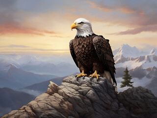 Fototapeta premium Eagle With American Flag Flies In Freedom, North American Bald Eagle on American flag