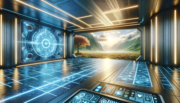 Futuristic holodeck with vibrant scene and glowing interface.