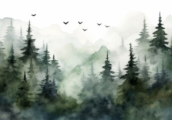 Serene Forest Mist - Watercolor Landscape with Birds in Flight