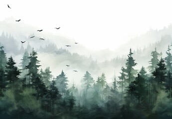 Serene Forest Mist - Watercolor Landscape with Birds in Flight - obrazy, fototapety, plakaty