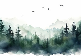 Serene Forest Mist - Watercolor Landscape with Birds in Flight - obrazy, fototapety, plakaty