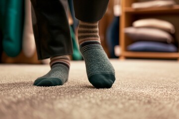 feet with socks stepping on a plush carpet sample in a showroom - obrazy, fototapety, plakaty