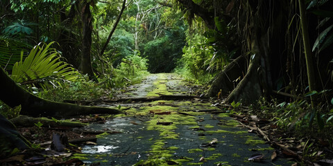 Empty wide abandoned jungle path with fallen trees.Road is covered in moss, ivy, jungle plants. Adventure. Generative AI