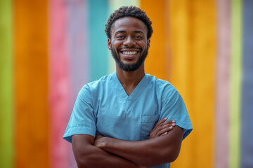 Confident African American Male Nurse with Warm Smile in Scrubs