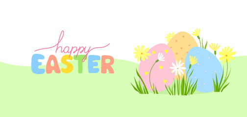 Fototapeta premium Colorful Easter eggs with flowers, plants and lettering text. Greeting banner for Easter Day.