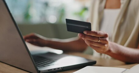 Hands, laptop and credit card for online shopping and payment on internet, person banking and fintech. Typing password, ecommerce and finance for savings app, keyboard and information for sale - Powered by Adobe