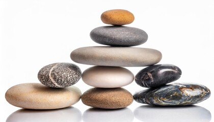 pyramid of various sea pebbles pyramid of balanced stones isolated on white background concept harmony life balance and meditation