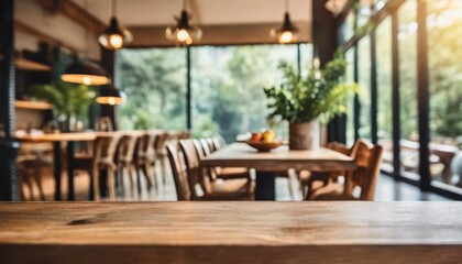blurred background material of dining room with natural wooden furniture - obrazy, fototapety, plakaty