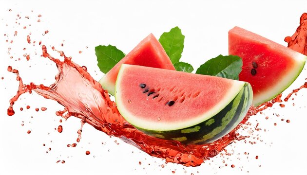 Flying Pieces Of Watermelon With Juice Splashing And Drops Isolated