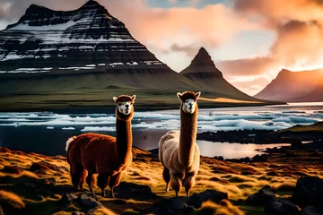 Deurstickers Alpaca in landscape and lake © qaiser