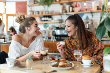 Obraz na płótnie Canvas Two Women Sitting at a Table Having a Conversation. Generative AI.