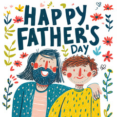 Hand-Drawn Happy Father's Day Greeting with Father and Child Illustration