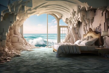 Bedroom with Window and Ocean View - Detailed Matte Painting in Fantasy Style