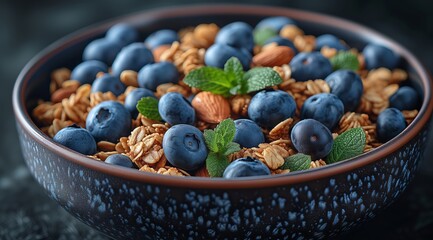 A superfood bowl of granola with blueberries and mint leaves, showcasing natural ingredients on a table
