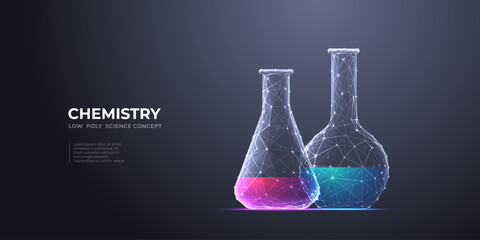 Chemistry science concept. Laboratory test tubes with color liquid. Abstract chemical flask. Lab glass tube. Polygonal 3D medical, chemistry background. Digital low poly wireframe vector illustration. © AntonKhrupinArt
