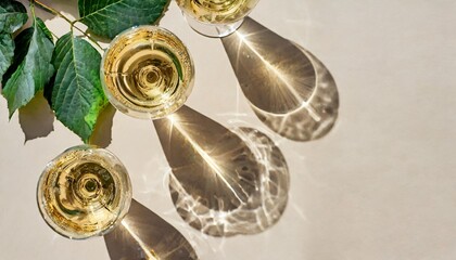 top view white sparkling wine in different glasses of wine stemmed glass with sun shadow and glare on light beige background white wine tasting concept flat lay copy space summer drinks