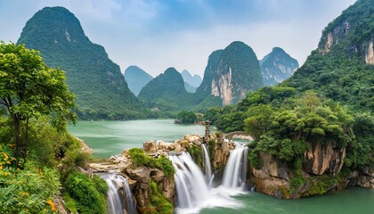 Fototapeta na wymiar waterfall and mountain landscape in chinese style