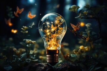 Bulb in forest and golden glowing with butterflies Generative AI