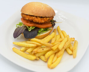 Gourmet American-Style Breaded Chicken Burger and Fries

