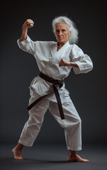 A senior woman with yellow karate kimono and black belt in defensive position - 736036205