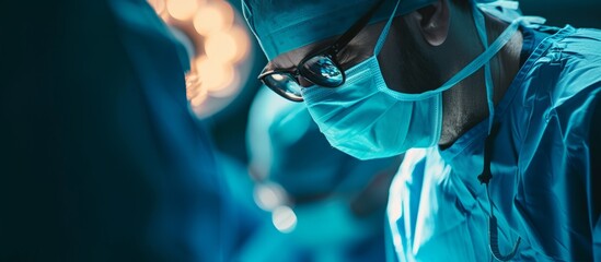 Experienced surgeon in protective mask and safety glasses performing a medical procedure in hospital setting