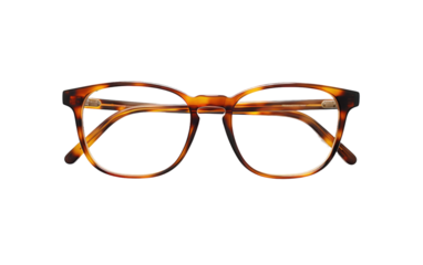 A Pair of Glasses. A pair of glasses sit on a white background, with the lenses reflecting light and the frame and arms in clear focus.