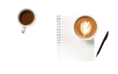 A Cup of Coffee Next to a Notepad and a Pen. On a clean desk, a cup of coffee sits next to a notepad and a pen, ready for a productive session of writing or note taking.