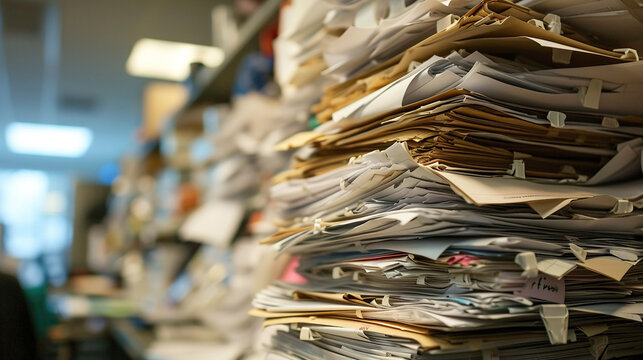 Large stacks of documentation. The office is filled with a huge number of paper documents. The racks are covered with old documentation. Blurred office background. Concept The need to digitize paper.