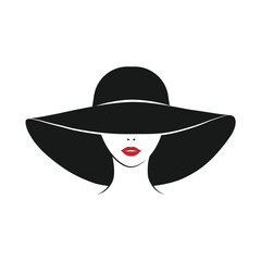The girl in the hat. A woman in a black hat with a large brim. Sexy woman with red lips. The avatar of the lady. Vector illustration
