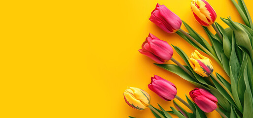Yellow and pink tulips on a yellow background. Spring flowers for background with space for text. Spring bouquet as a gift for Mother's Day. Floral background. Delicate flowers for Women's Day.