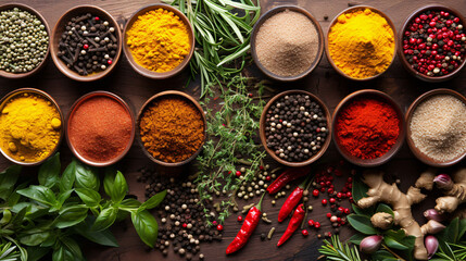 Variety of spices and herbs splayed out.