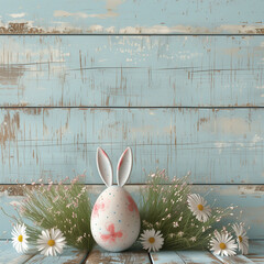 Easter design with eggs with bunny ears, flowers on vintage wooden background with space for text. Copy space.
