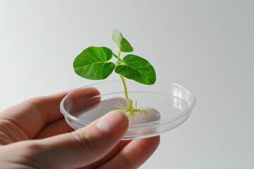hand holding petri dish with modified plant seedling