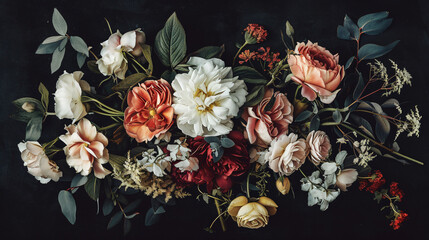 Obraz na płótnie Canvas Vintage bouquet of beautiful flowers on black.