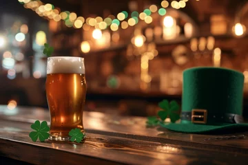 Foto op Plexiglas Glass of delicious beer on bar counter with green leprechaun hat, st. patrick's day celebration wit copy space for text   © Sunny