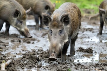 group of wild boar foraging in mud