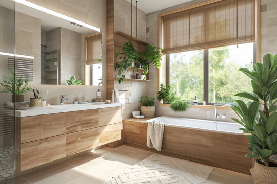 Ba&ntilde;o moderno en tonos marrones con gran lavabo doble y espejo, ba&ntilde;era, alfombra, jarr&oacute;n con planta, elementos de ba&ntilde;o y gran ventanal con stores enrollables y vistas a la naturaleza