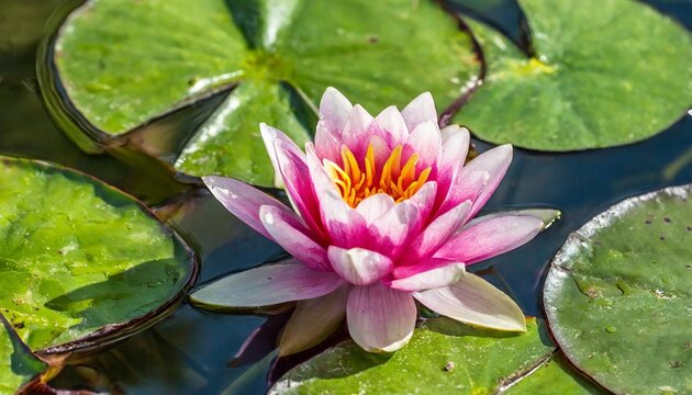 beautiful pink water lily flower with leaves in a pond in the park