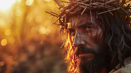 retrato de Jesucristo con mirada intensa portando la cruz de espinas con la cara ensangrentada, sobre fondo dorado bokeh - obrazy, fototapety, plakaty