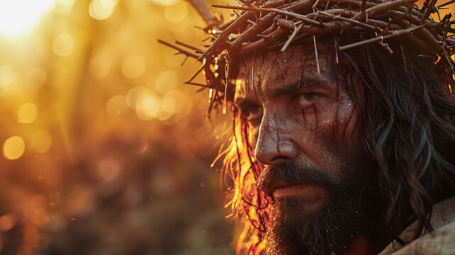 retrato de Jesucristo con mirada intensa portando la cruz de espinas con la cara ensangrentada, sobre fondo dorado bokeh