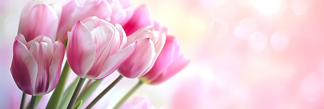 Soft pink tulips with gentle bokeh for springtime banners. Elegant pink and white tulips with a soft-focus background. Spring banner with delicate tulips and dreamy bokeh lights