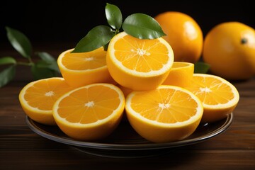 Fototapeta premium Sliced of oranges with leaves in plate Generative AI