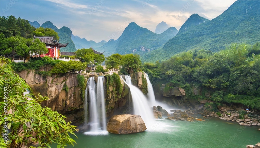 Poster waterfall and mountain landscape in chinese style