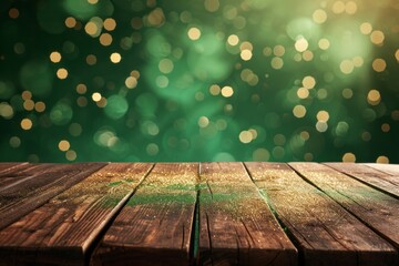 Empty beautiful wooden tabletop and blurred bokeh modern café interior background on Saint Patrick’s day eve	
 - obrazy, fototapety, plakaty