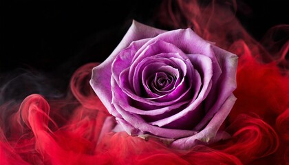 purple rose wrapped in red smoke swirl on black background