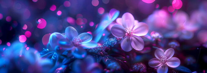 Luminous flowers with pink and purple neon glow for banners and floral design. Magical floral display with vibrant neon bokeh lights. Futuristic flowers with radiant neon lighting and dark background