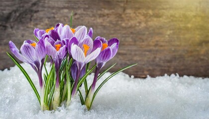 spring snowdrops flowers violet crocuses crocus heuffelianus in snow with space for text