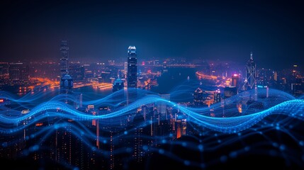 Double exposure of smart city technology concept with digital blue wavy wires and antennas against a nighttime megapolis city skyline.