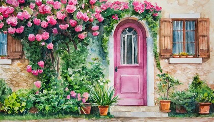 Fototapeta na wymiar watercolor house pink door and old building wall vintage home and blossom flowers provence france or tuscany italy illustration in watercolor style cute summer house